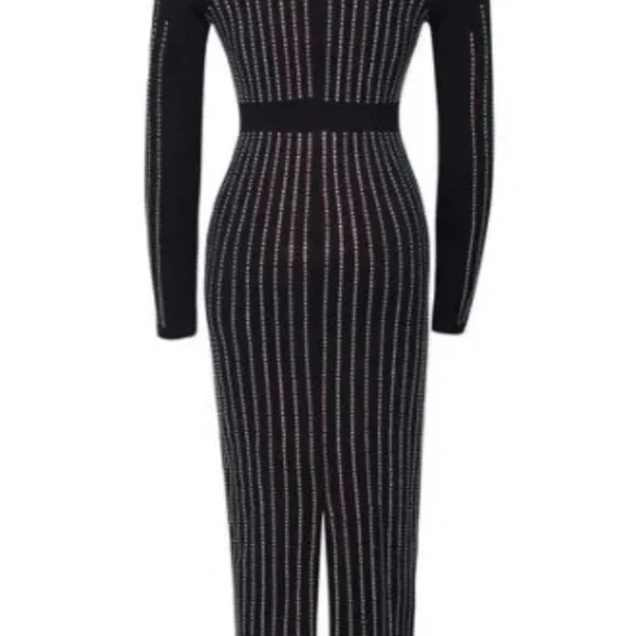 Black Ribbed Maxi Bodycon Dress with Vertical Gemstone Stripes Sz 6 - Picture 2 of 3